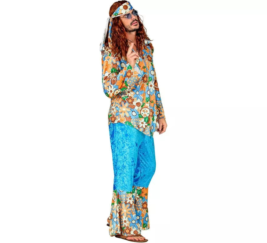 Disfraz de Hippie azul de terciopelo para hombre
