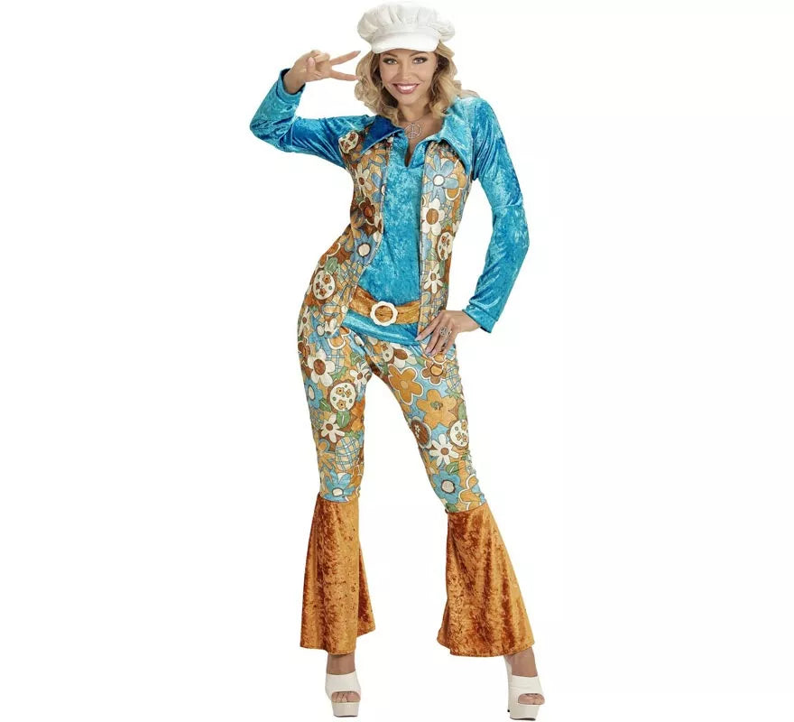 Disfraz de Hippie azul de terciopelo para mujer