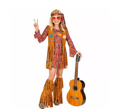 Hippie-Kostüm mit Stiefelüberzügen und Fransen für Damen