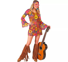Geblümtes Hippie-Kostüm mit Fransen für Damen