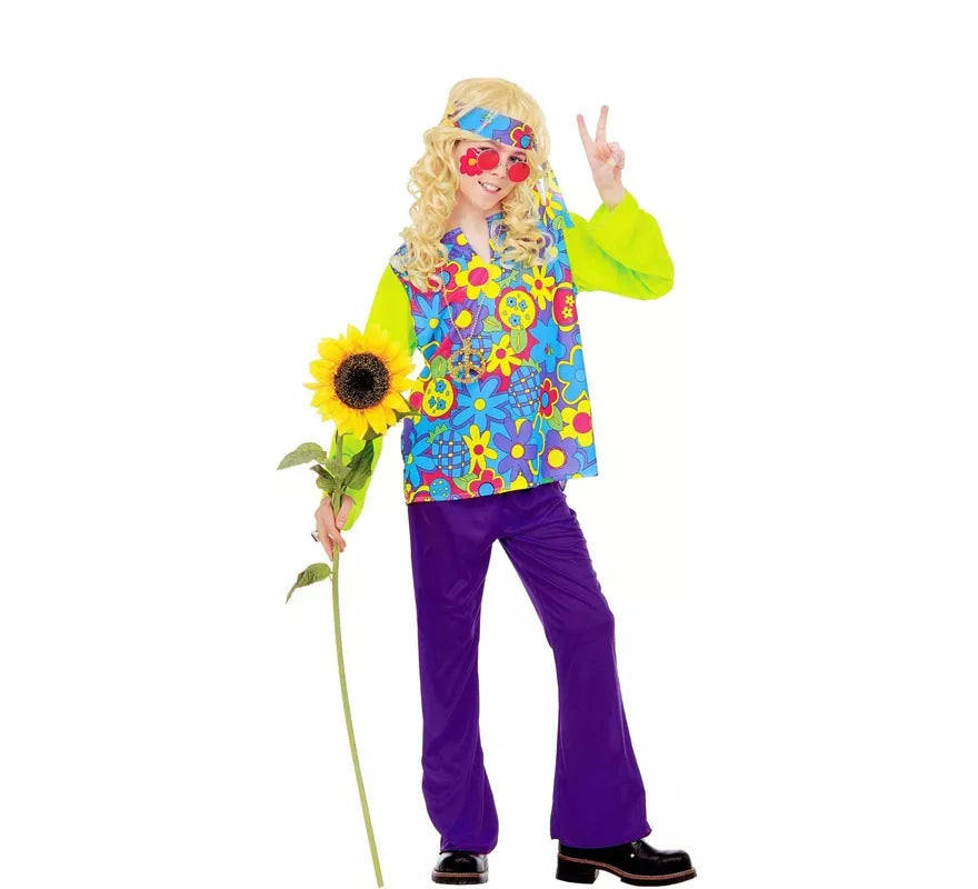 Disfraz de Hippie Floral verde para niño y adolescente