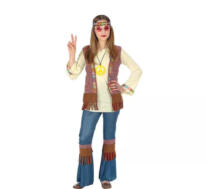 Translation missing: de.Disfraz de Hippie marrón con collar para niña y adolescente