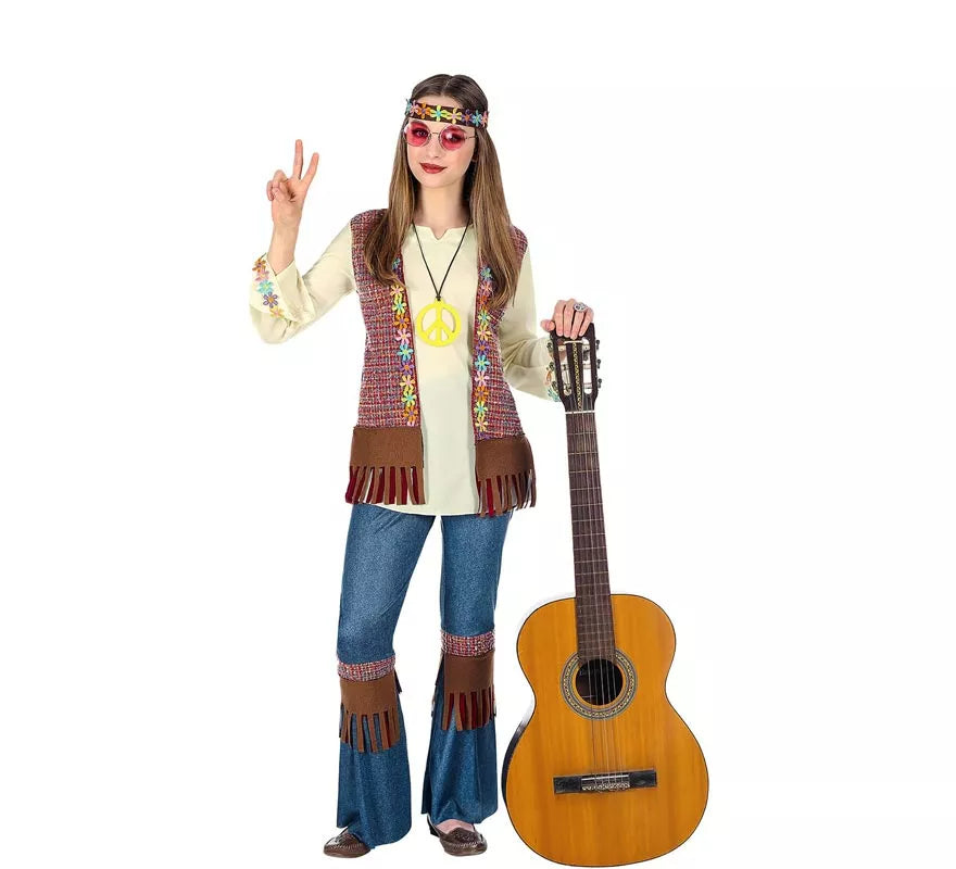 Translation missing: de.Disfraz de Hippie marrón con collar para niña y adolescente