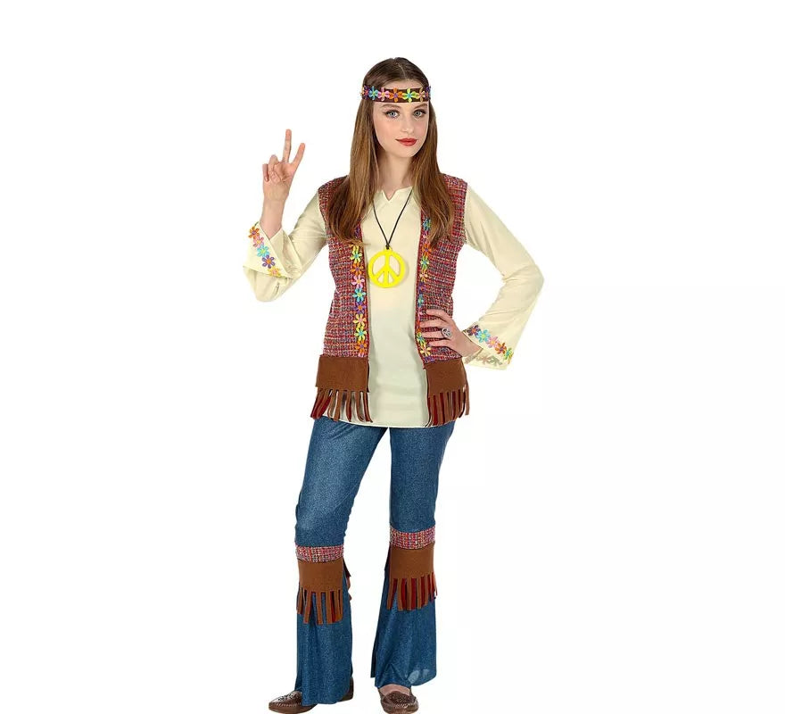 Translation missing: de.Disfraz de Hippie marrón con collar para niña y adolescente