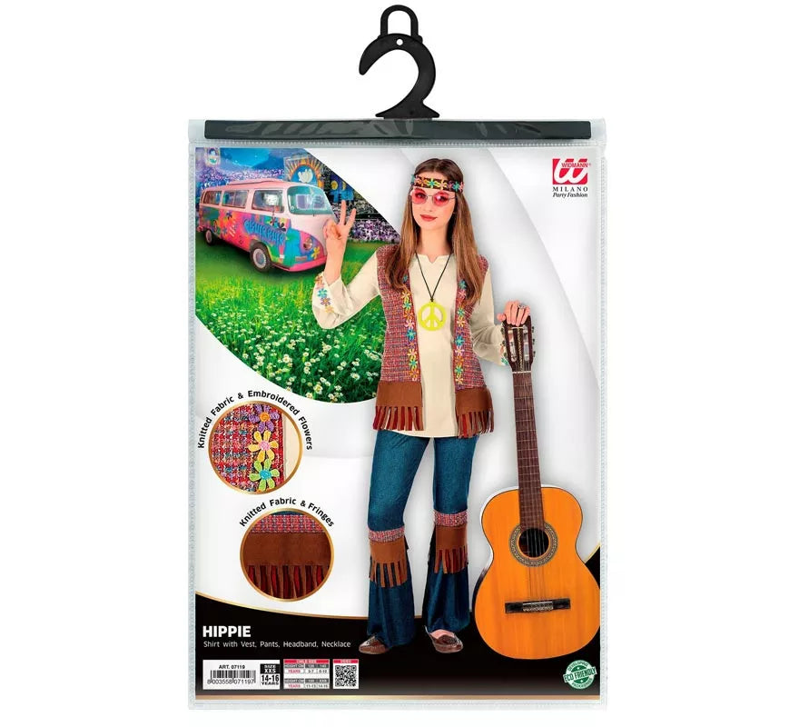 Translation missing: de.Disfraz de Hippie marrón con collar para niña y adolescente