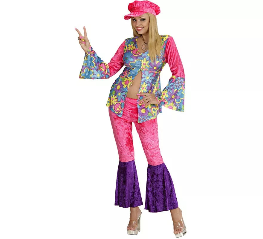 Disfraz de Hippie rosa de terciopelo para mujer