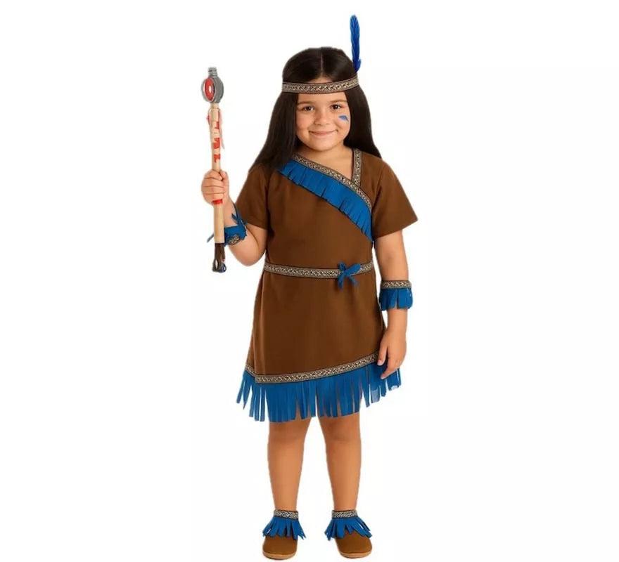 Translation missing: de.Disfraz de India Marrón con Flecos Azules para niña