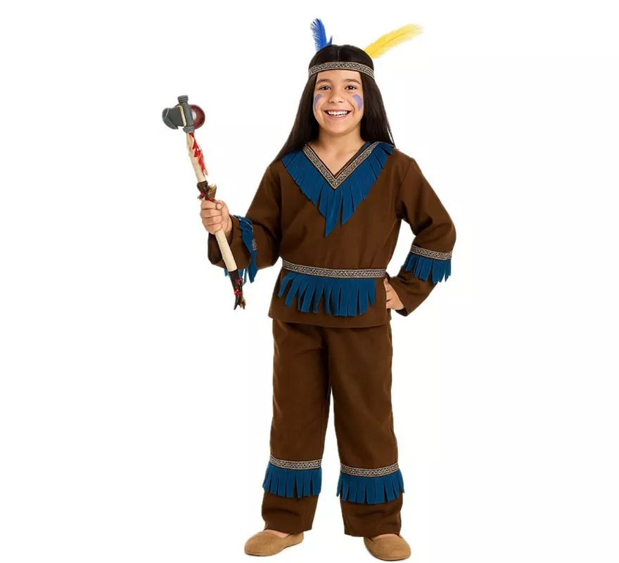 Translation missing: de.Disfraz de Indio Marrón con Flecos Azules para niño