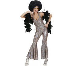 70er-Jahre-Disco-Jumpsuit-Kostüm für Damen in Silber