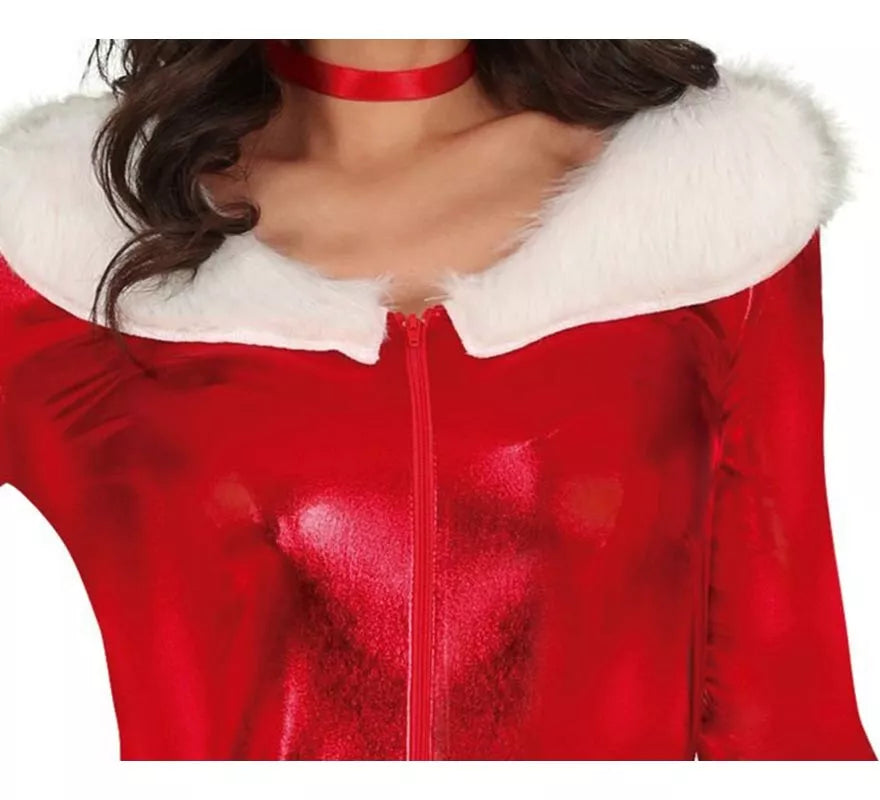 Disfraz de Mamá Noel rojo metálico con cinturón para mujer