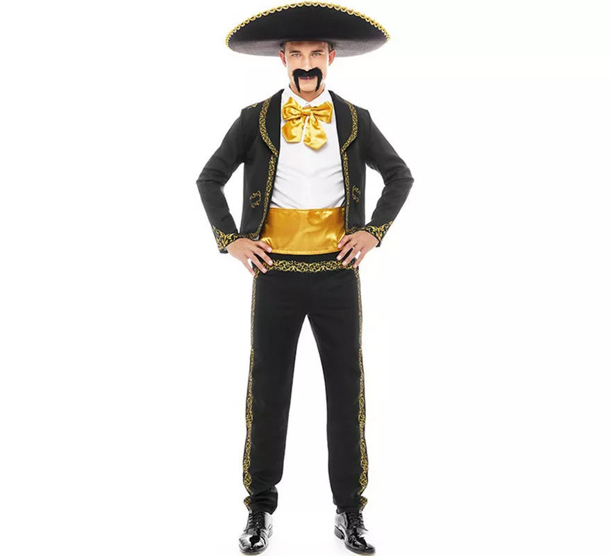 Translation missing: de.Disfraz de Mariachi Charro negro y dorado para hombre