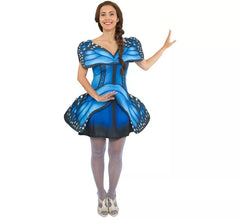 Ausgestelltes blaues und schwarzes Schmetterlingskostüm für Damen