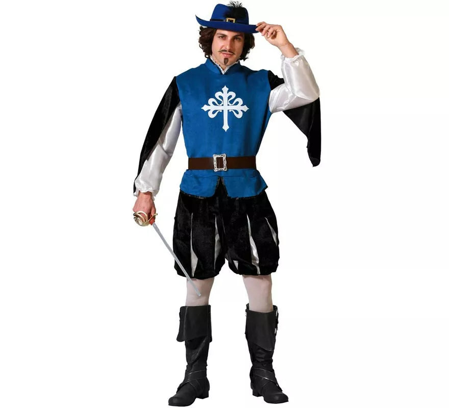 Translation missing: de.Disfraz de Mosquetero azul con cinturón para hombre