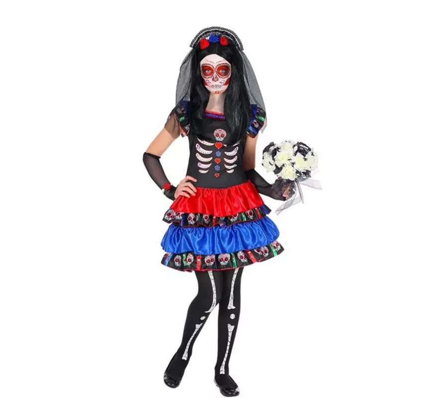 Translation missing: de.Disfraz de Novia Esqueleto Catrina para niña