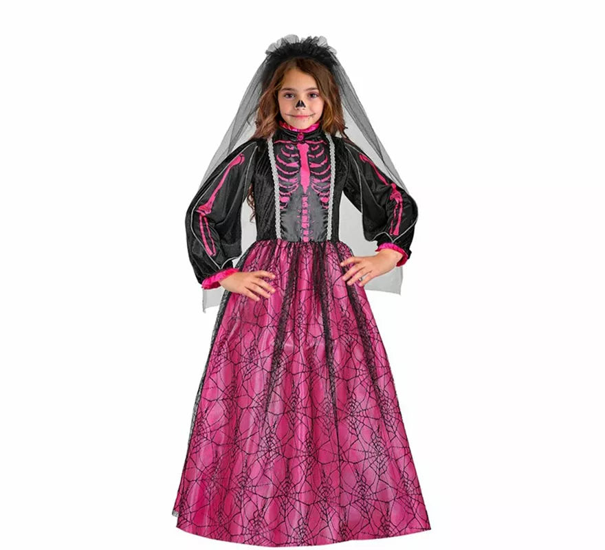 Translation missing: de.Disfraz de Novia Esqueleto fucsia para niña