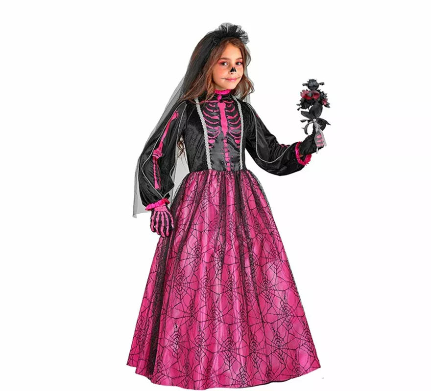 Translation missing: de.Disfraz de Novia Esqueleto fucsia para niña
