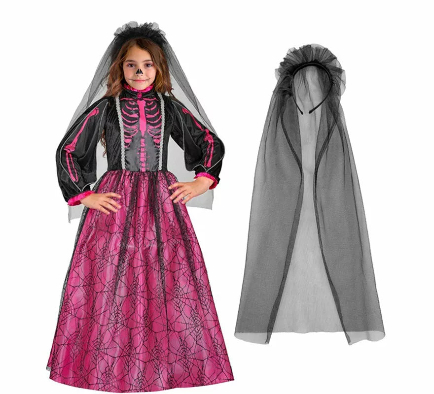 Translation missing: de.Disfraz de Novia Esqueleto fucsia para niña