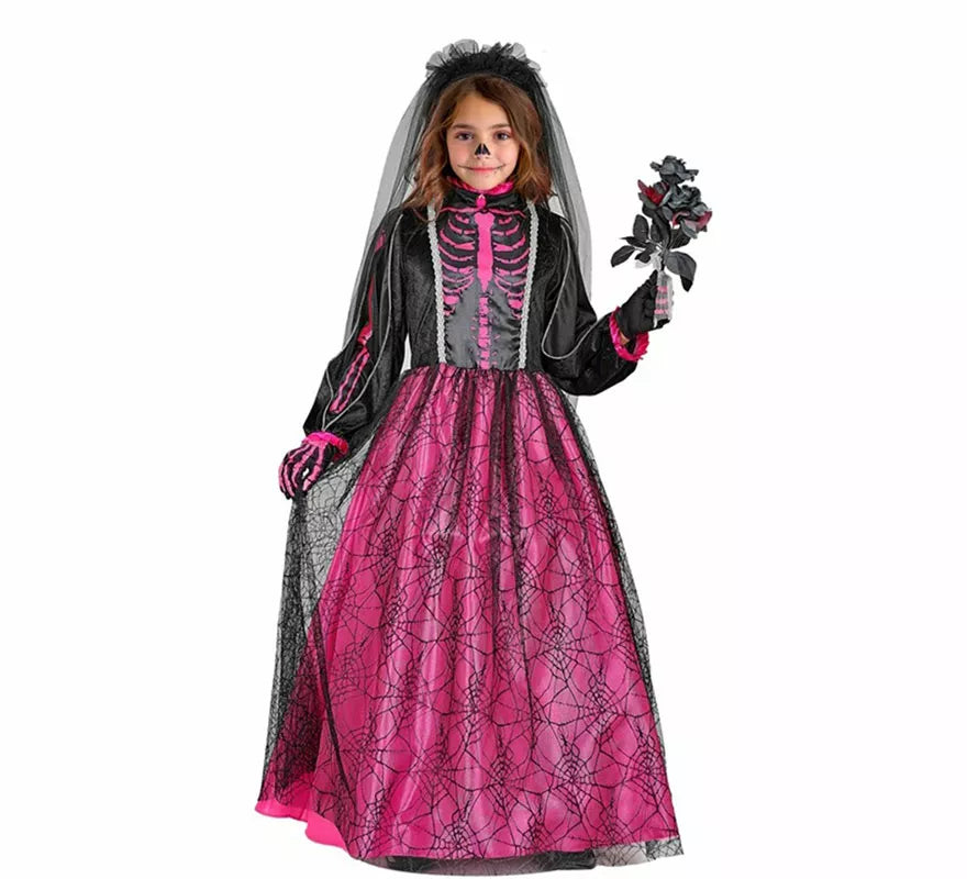 Translation missing: de.Disfraz de Novia Esqueleto fucsia para niña