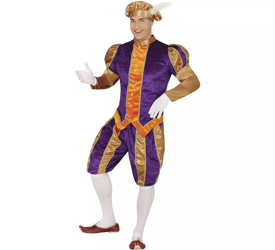 Translation missing: de.Disfraz de Paje morado y naranja con gorro para hombre