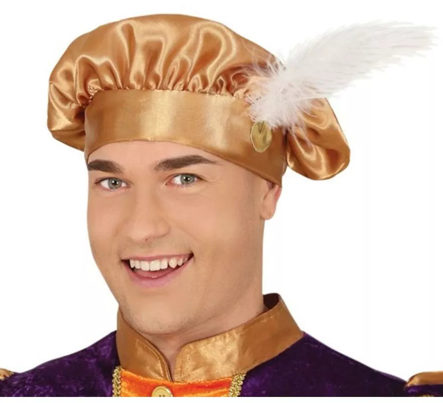 Disfraz de Paje morado y naranja con gorro para hombre