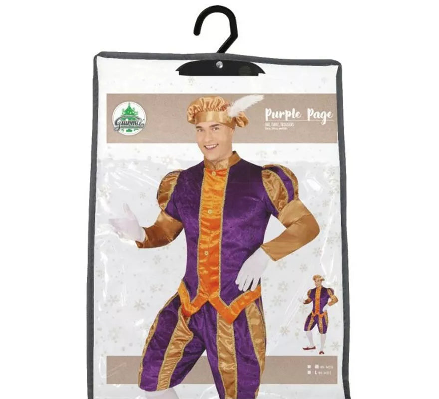 Translation missing: de.Disfraz de Paje morado y naranja con gorro para hombre