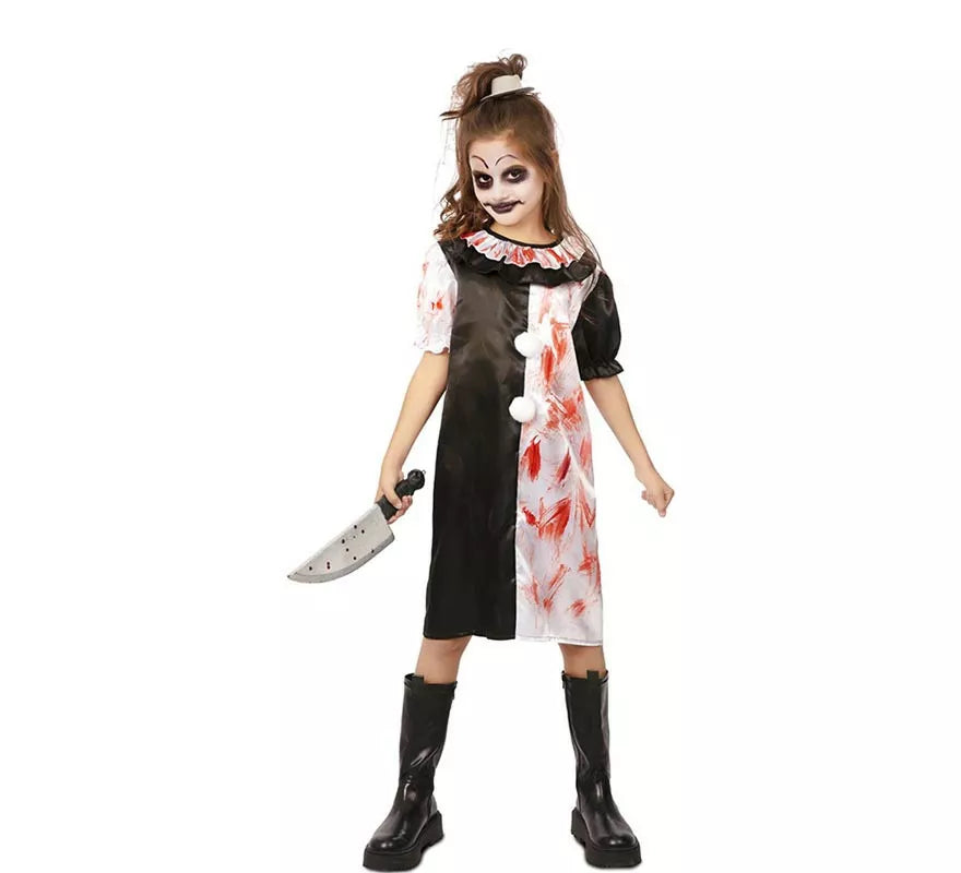Translation missing: de.Disfraz de Payasa blanco y negro con sangre falsa para niña