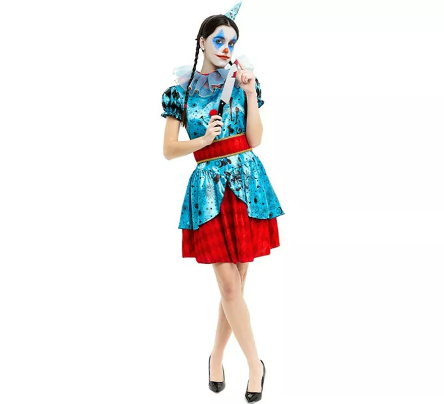 Disfraz de Payasa Maniaca azul y rojo para mujer