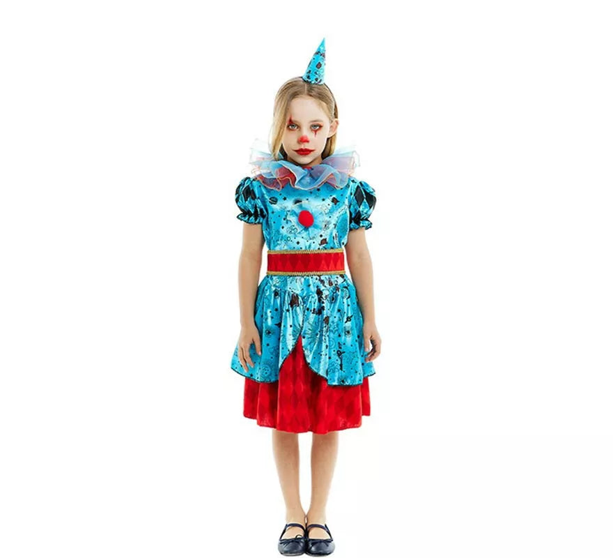 Translation missing: de.Disfraz de Payasa Maniaca azul y rojo para niña y adolescente