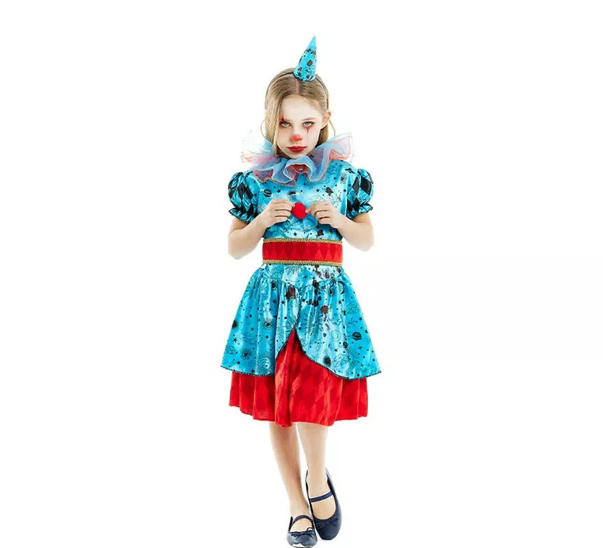 Translation missing: de.Disfraz de Payasa Maniaca azul y rojo para niña y adolescente