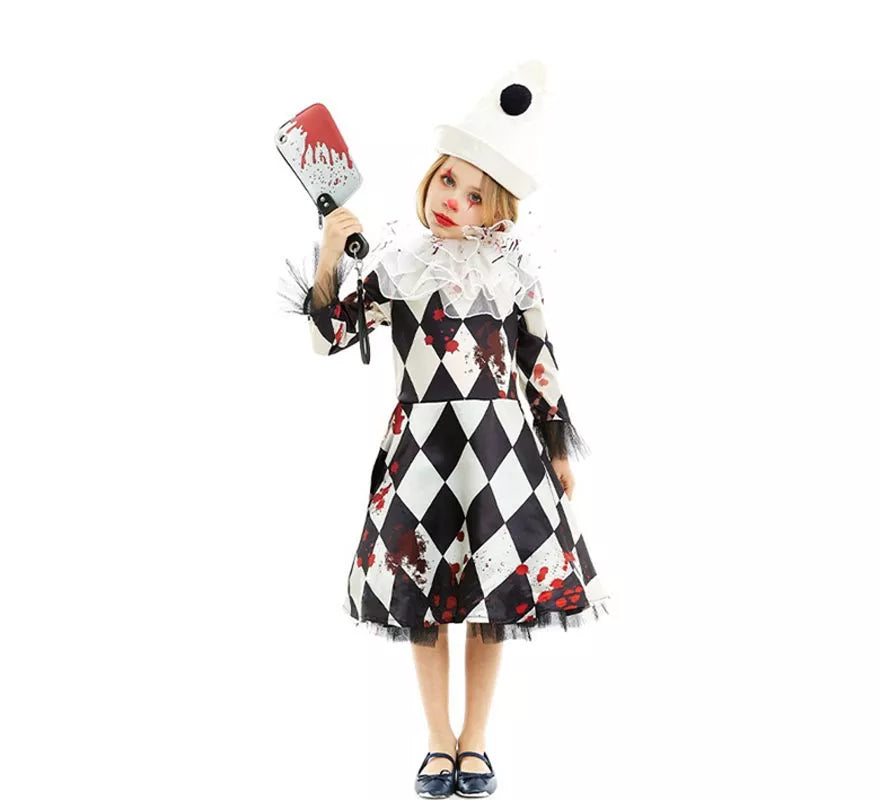 Translation missing: de.Disfraz de Payasa Pierrot Asesina con gorro para niña y adolescente
