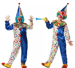 Blaues Clownkostüm mit bunten Punkten für Kinder