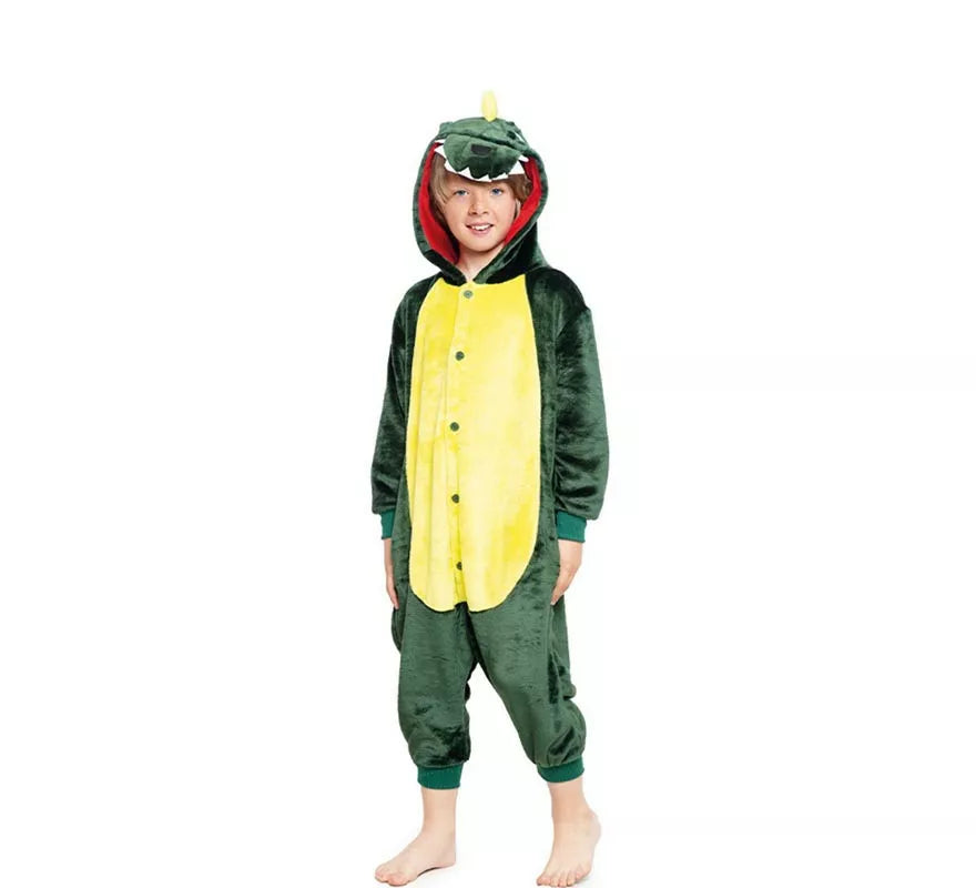 Translation missing: de.Disfraz de Pijama Dinosaurio verde y amarillo con capucha para niño