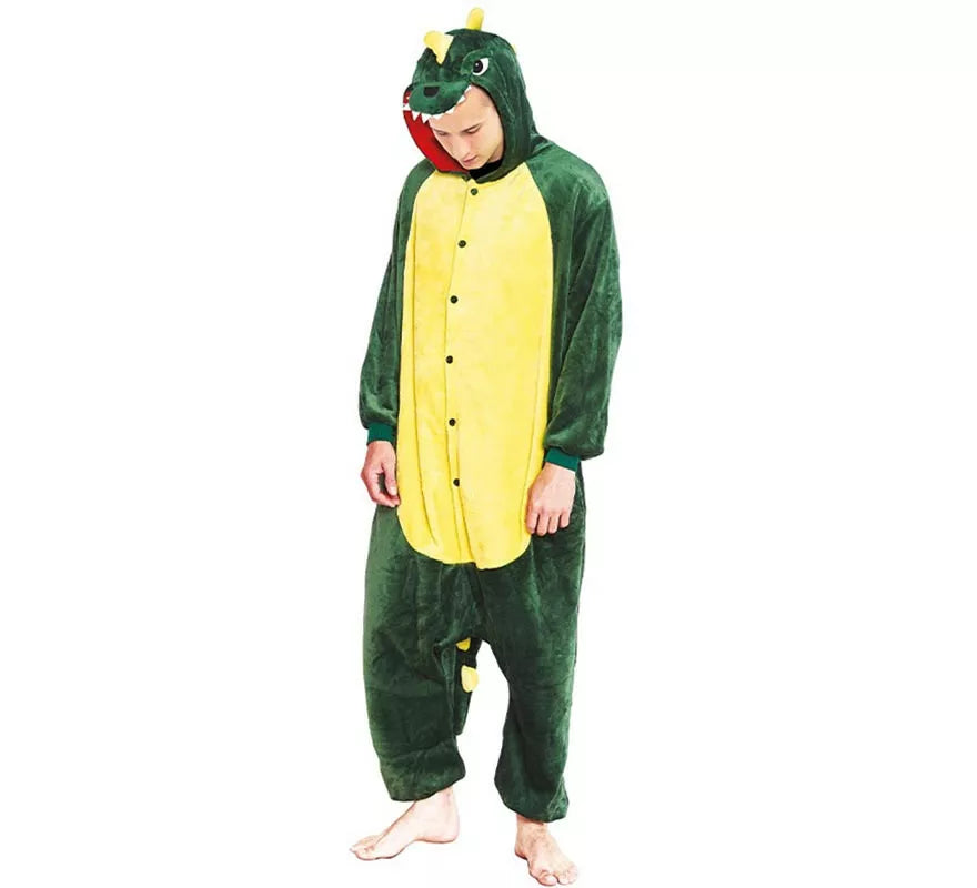 Translation missing: de.Disfraz de Pijama Dinosaurio verde y amarillo para adultos