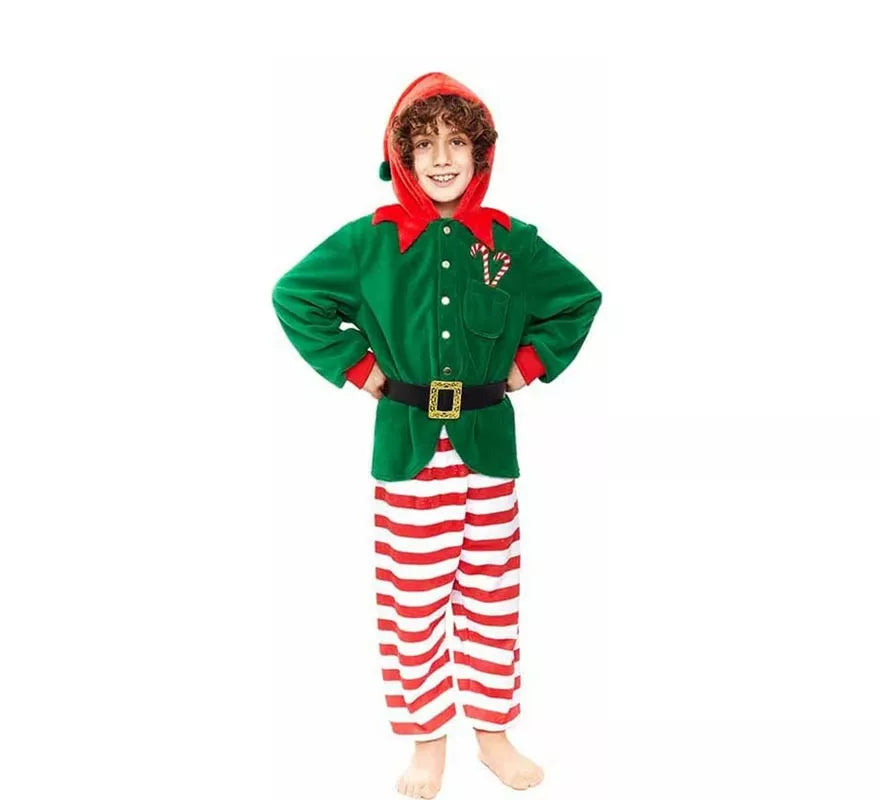 Translation missing: de.Disfraz de Pijama Elfo verde a rayas para niño