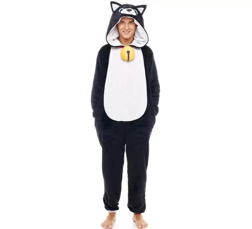 Translation missing: de.Disfraz de Pijama Gato negro con cascabel para adultos