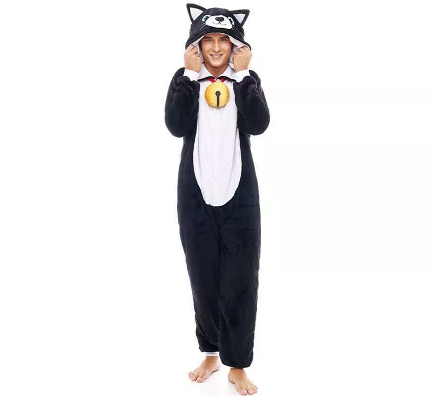 Translation missing: de.Disfraz de Pijama Gato negro con cascabel para adultos