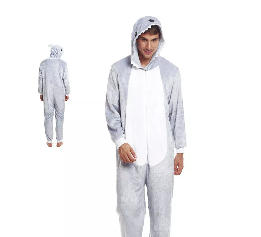 Translation missing: de.Disfraz de Pijama Tiburón gris y blanco para adultos