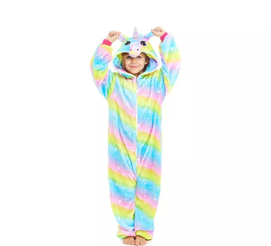 Translation missing: de.Disfraz de Pijama Unicornio Arcoíris con capucha para niña