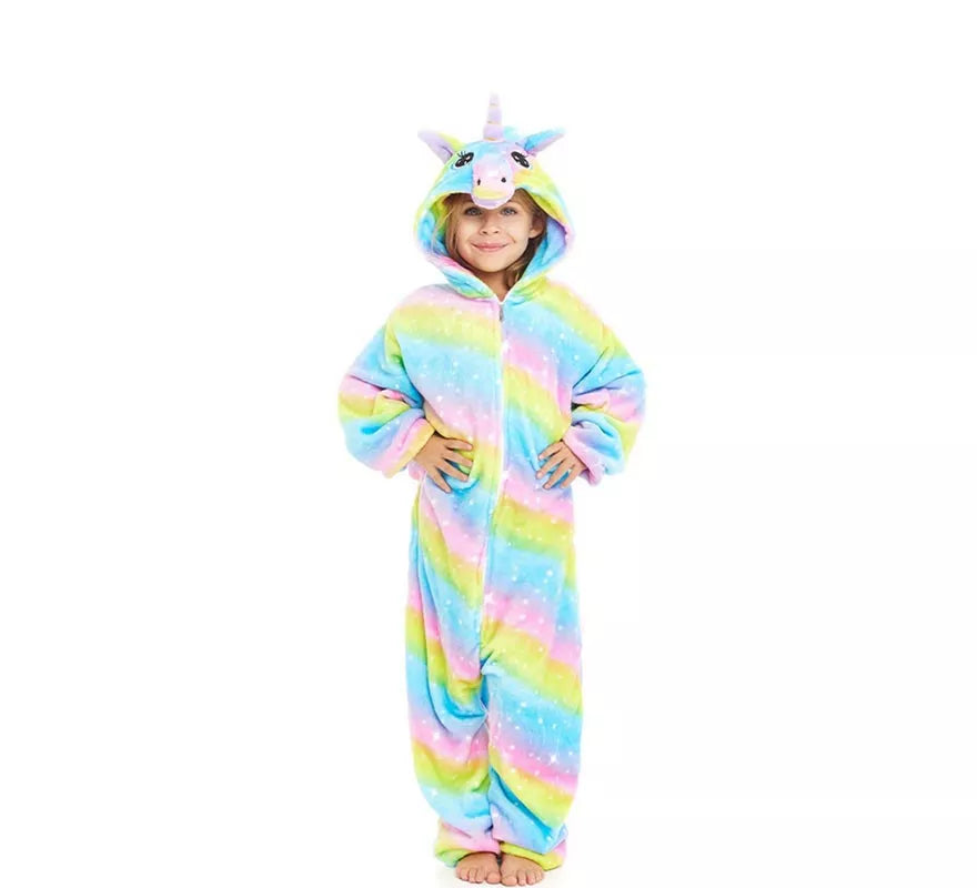 Translation missing: de.Disfraz de Pijama Unicornio Arcoíris con capucha para niña
