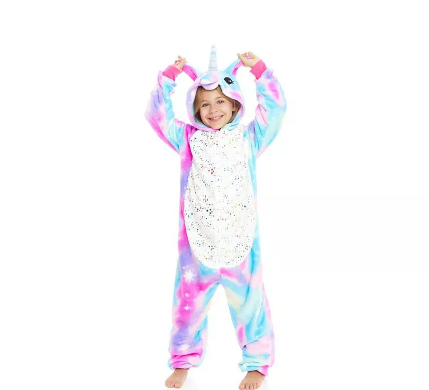 Translation missing: de.Disfraz de Pijama Unicornio azul y rosa con capucha para niña