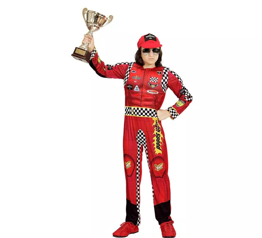 Translation missing: de.Disfraz de Piloto de Formula 1 rojo a cuadros con gorro para niño