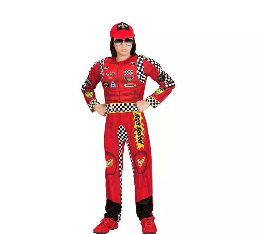 Translation missing: de.Disfraz de Piloto de Formula 1 rojo a cuadros con gorro para niño