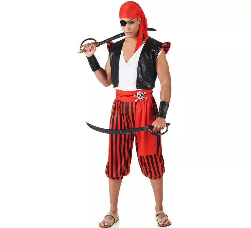 Translation missing: de.Disfraz de Pirata rojo a rayas para hombre