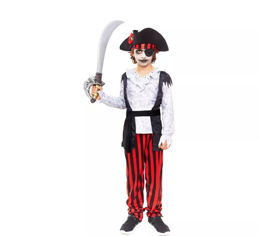 Translation missing: de.Disfraz de Pirata Zombie blanco a rayas para niño