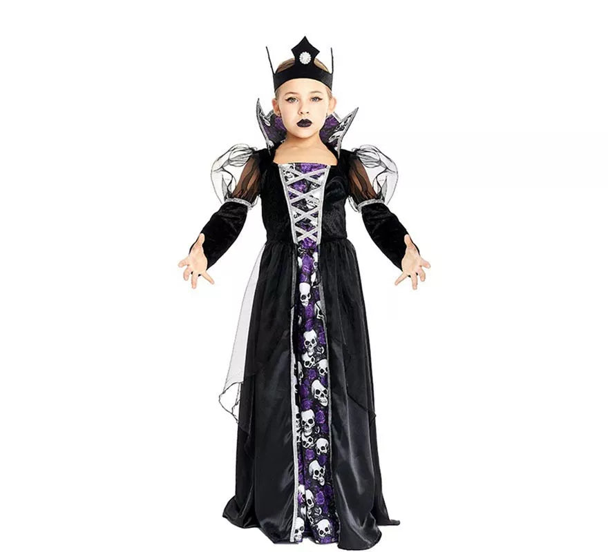 Translation missing: de.Disfraz de Reina Calavera oscura con corona para niña y adolescente