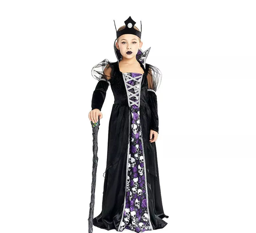 Translation missing: de.Disfraz de Reina Calavera oscura con corona para niña y adolescente