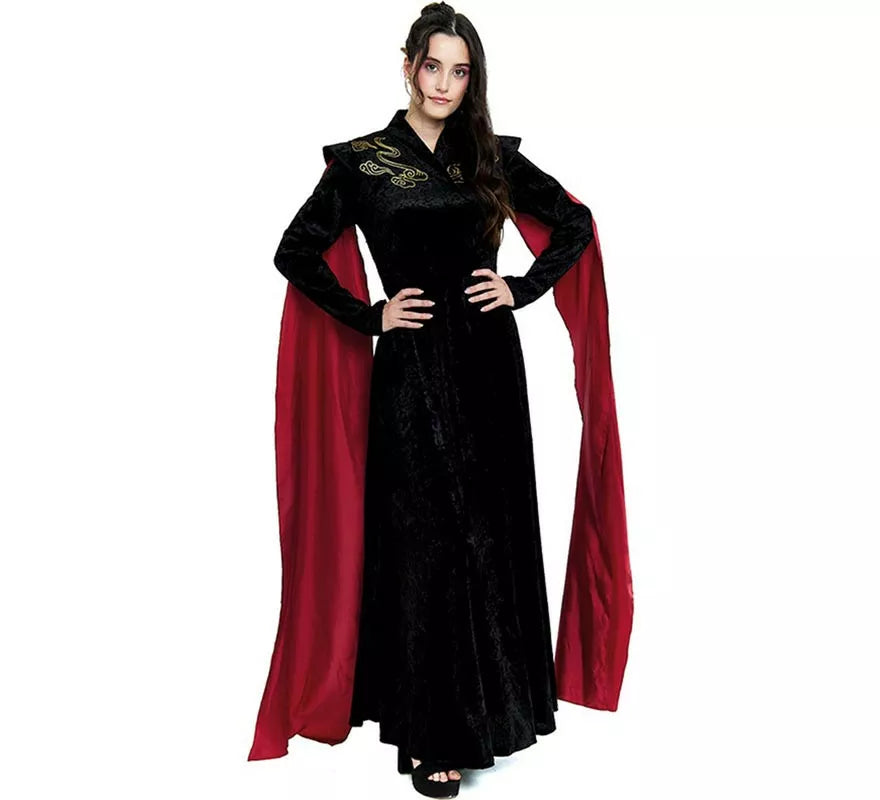 Translation missing: de.Disfraz de Reina Dragón negro con mangas rojas para mujer