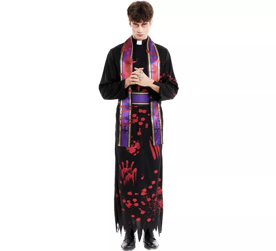 Disfraz de Sacerdote Sangriento negro con estola para hombre