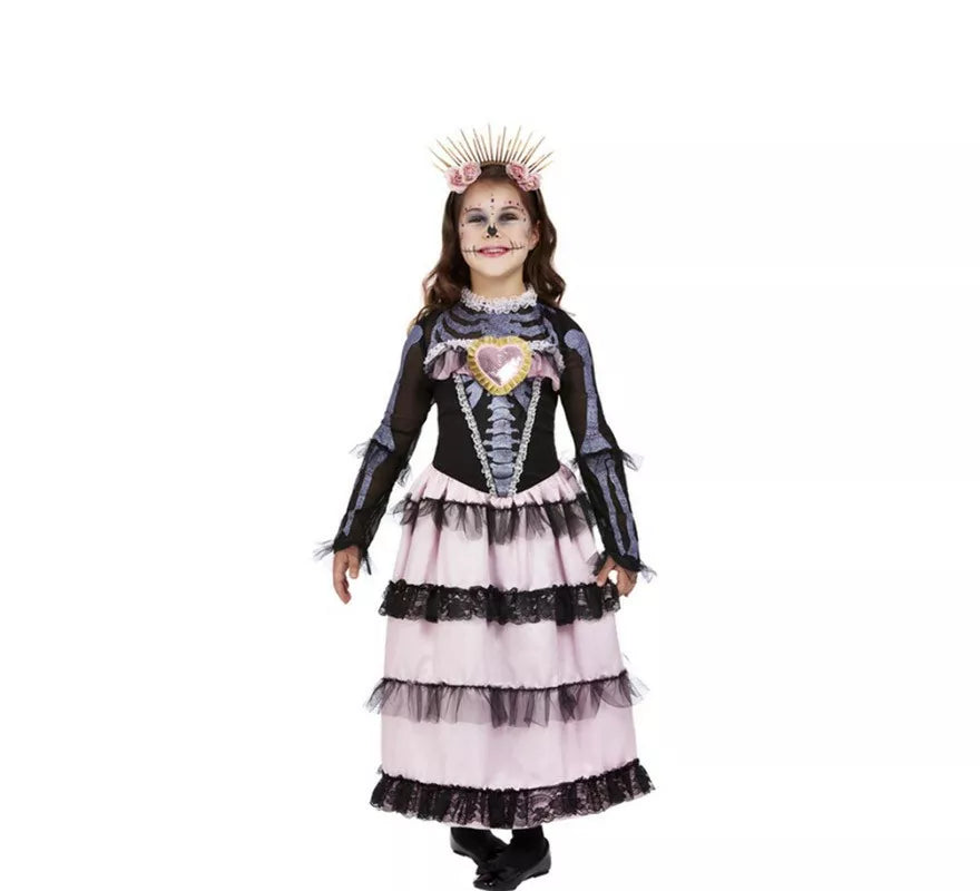 Translation missing: de.Disfraz de Señorita del Día de Muertos negro y rosa para niña