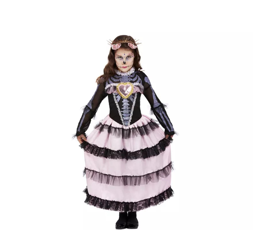 Translation missing: de.Disfraz de Señorita del Día de Muertos negro y rosa para niña